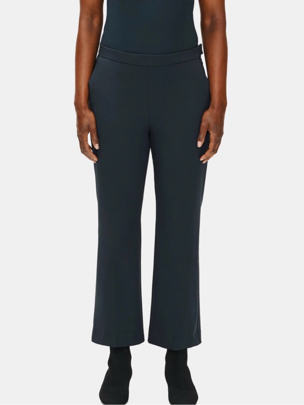 Eileen Fisher Black Navy Cotton Ankle Pants Button Hem Slit Convertible Flare